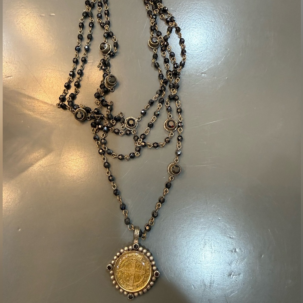 Virgins Saints & Angels Black Beaded Multi-Strand Necklace with Gold Medallion